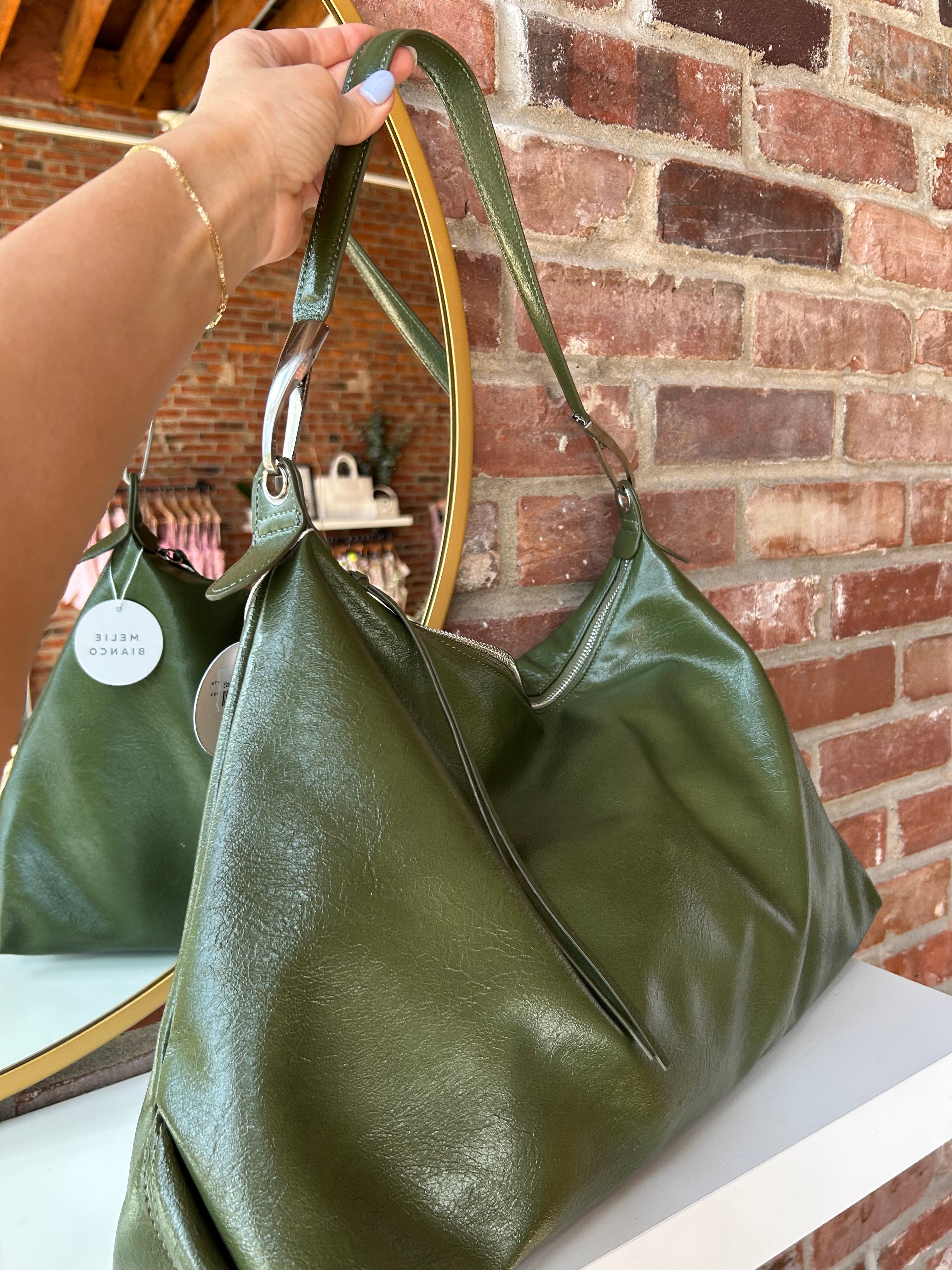 Stevie Purse - Olive with a slouchy faux leather design, zip closure, and shoulder strap for a chic and versatile look.