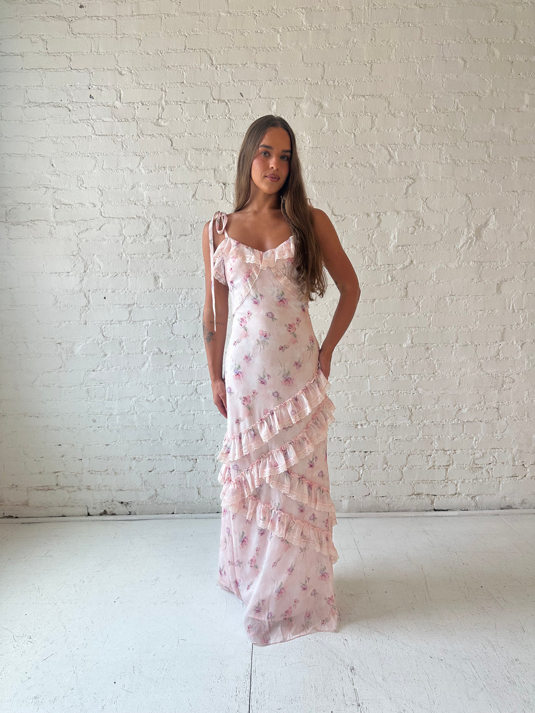 Reba Pink Floral Ruffle Tiered Maxi Dress