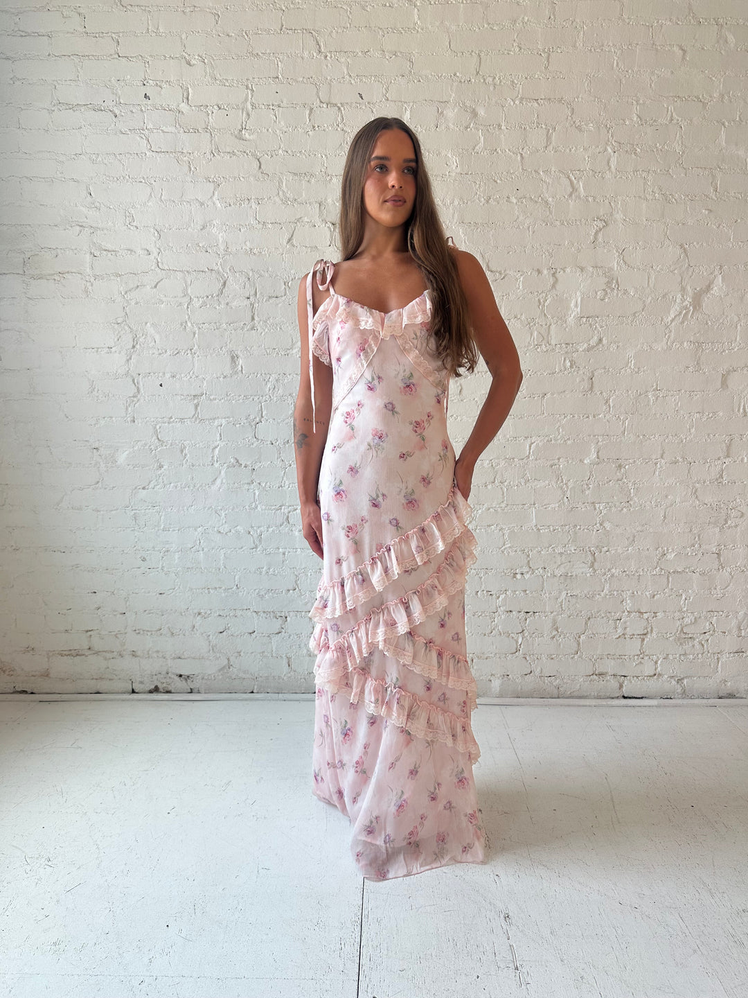 Reba Pink Floral Ruffle Tiered Maxi Dress