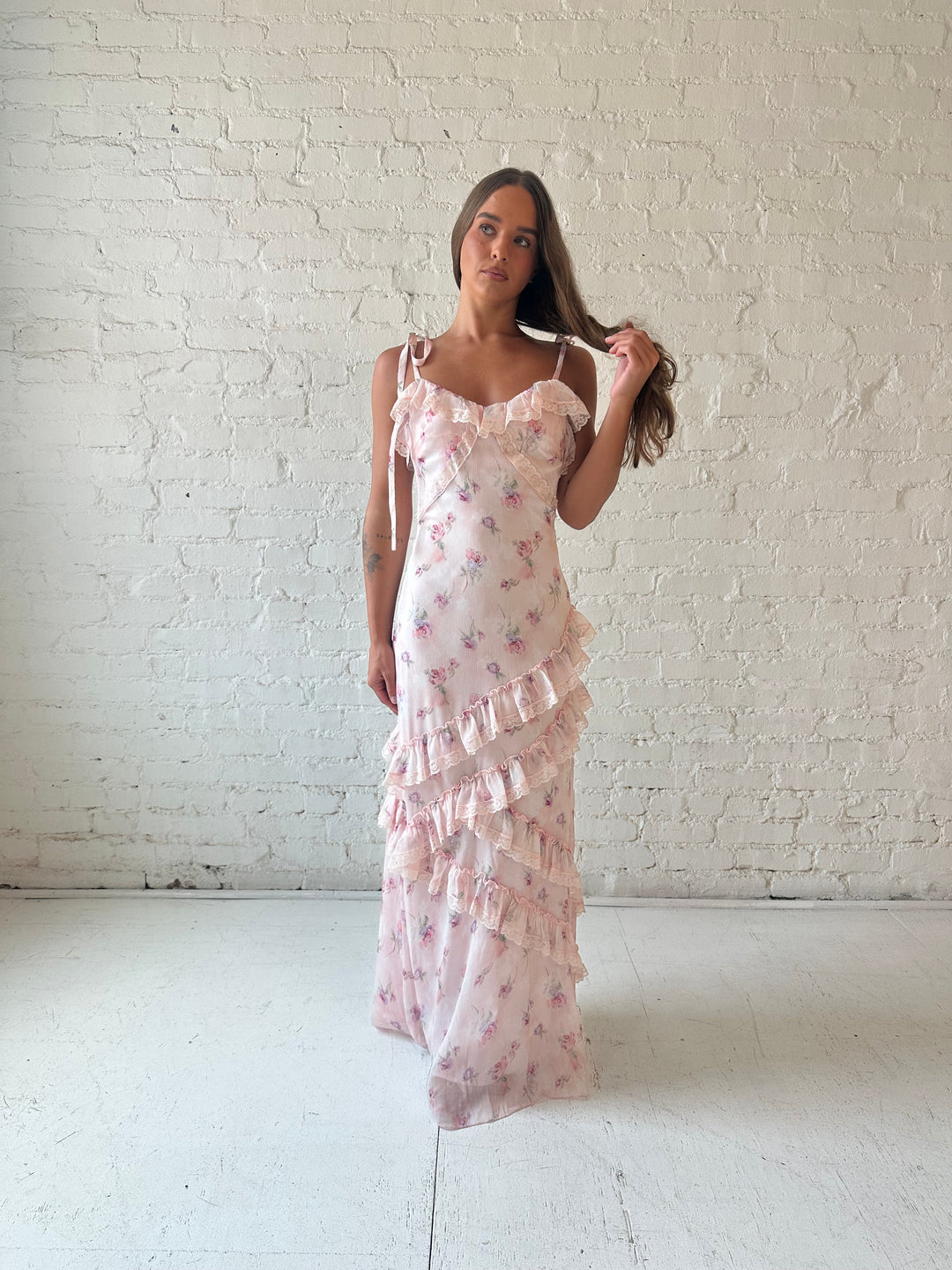 Reba Pink Floral Ruffle Tiered Maxi Dress