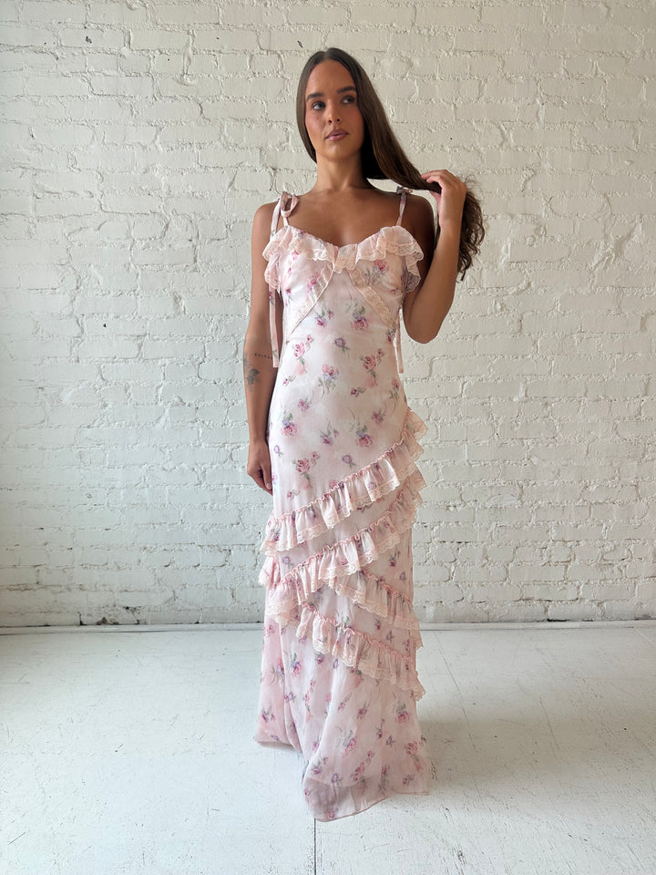 Reba Pink Floral Ruffle Tiered Maxi Dress