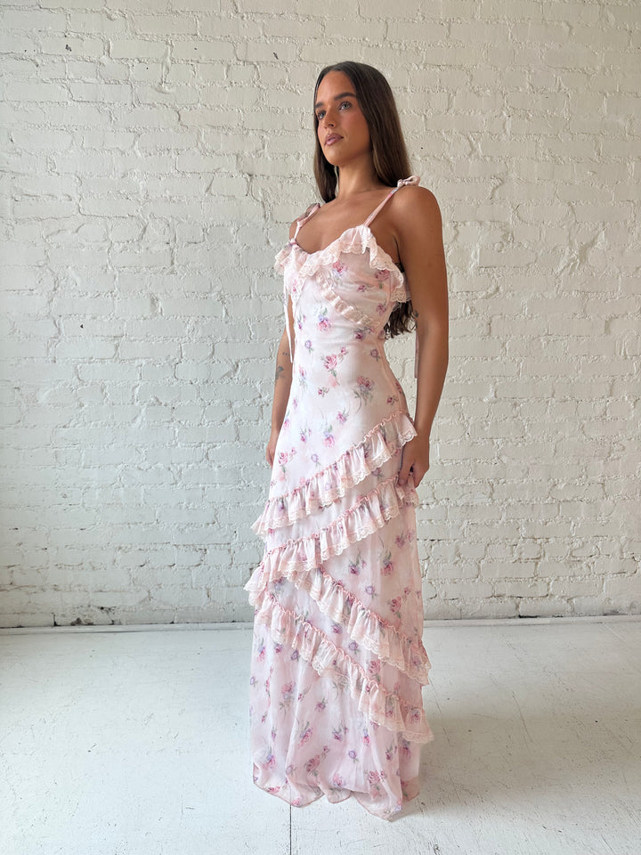 Reba Pink Floral Ruffle Tiered Maxi Dress