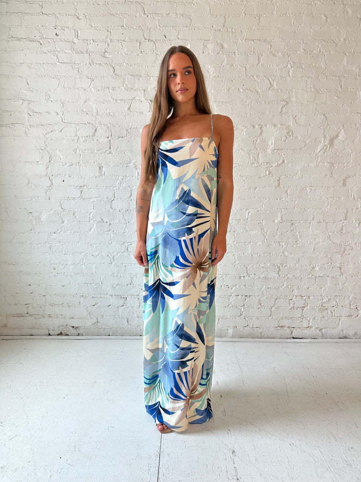 RESTOCKED: Haylen Beige Blue Tropical Maxi Dress