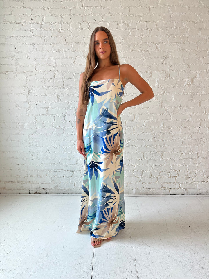 RESTOCKED: Haylen Beige Blue Tropical Maxi Dress