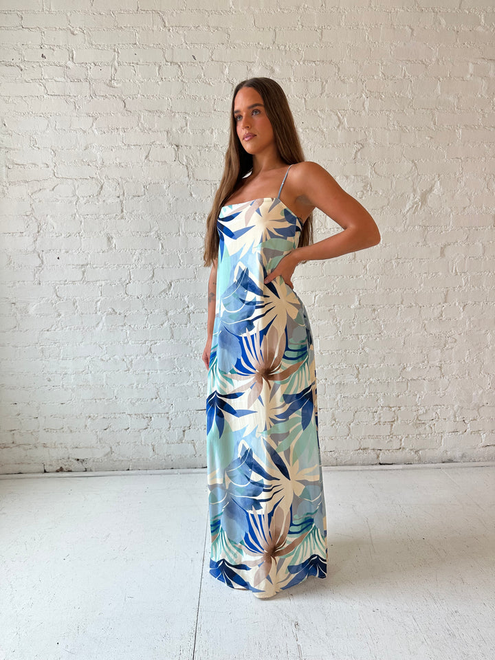 RESTOCKED: Haylen Beige Blue Tropical Maxi Dress