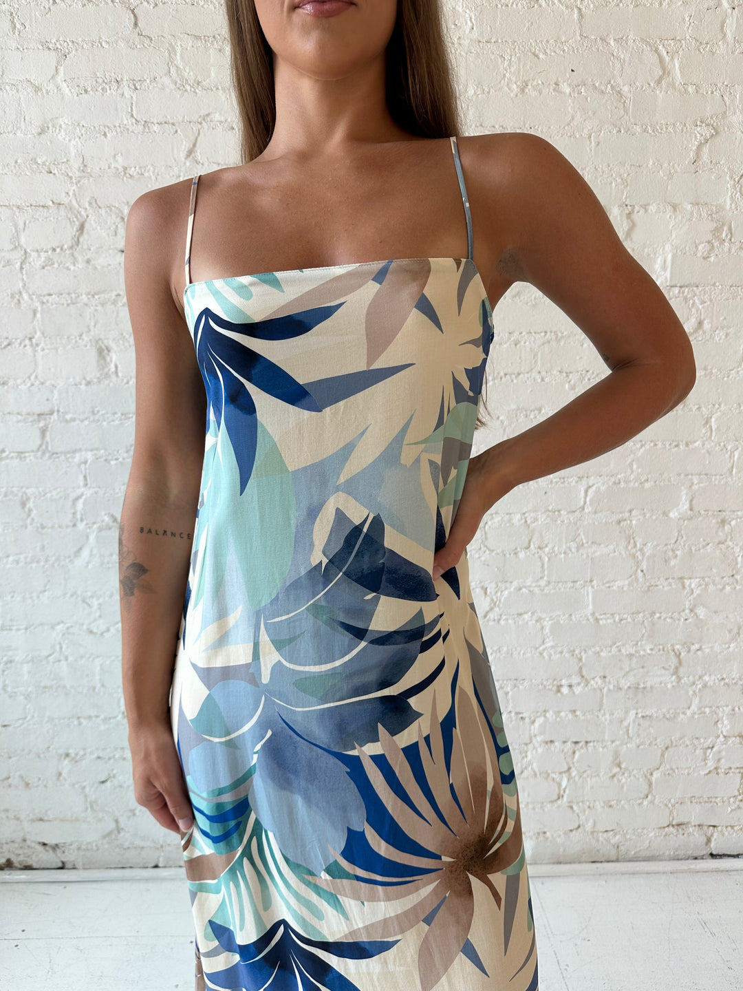 RESTOCKED: Haylen Beige Blue Tropical Maxi Dress