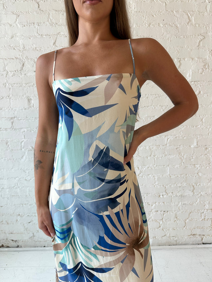 RESTOCKED: Haylen Beige Blue Tropical Maxi Dress