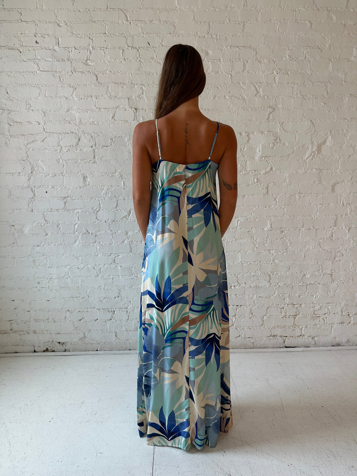 RESTOCKED: Haylen Beige Blue Tropical Maxi Dress