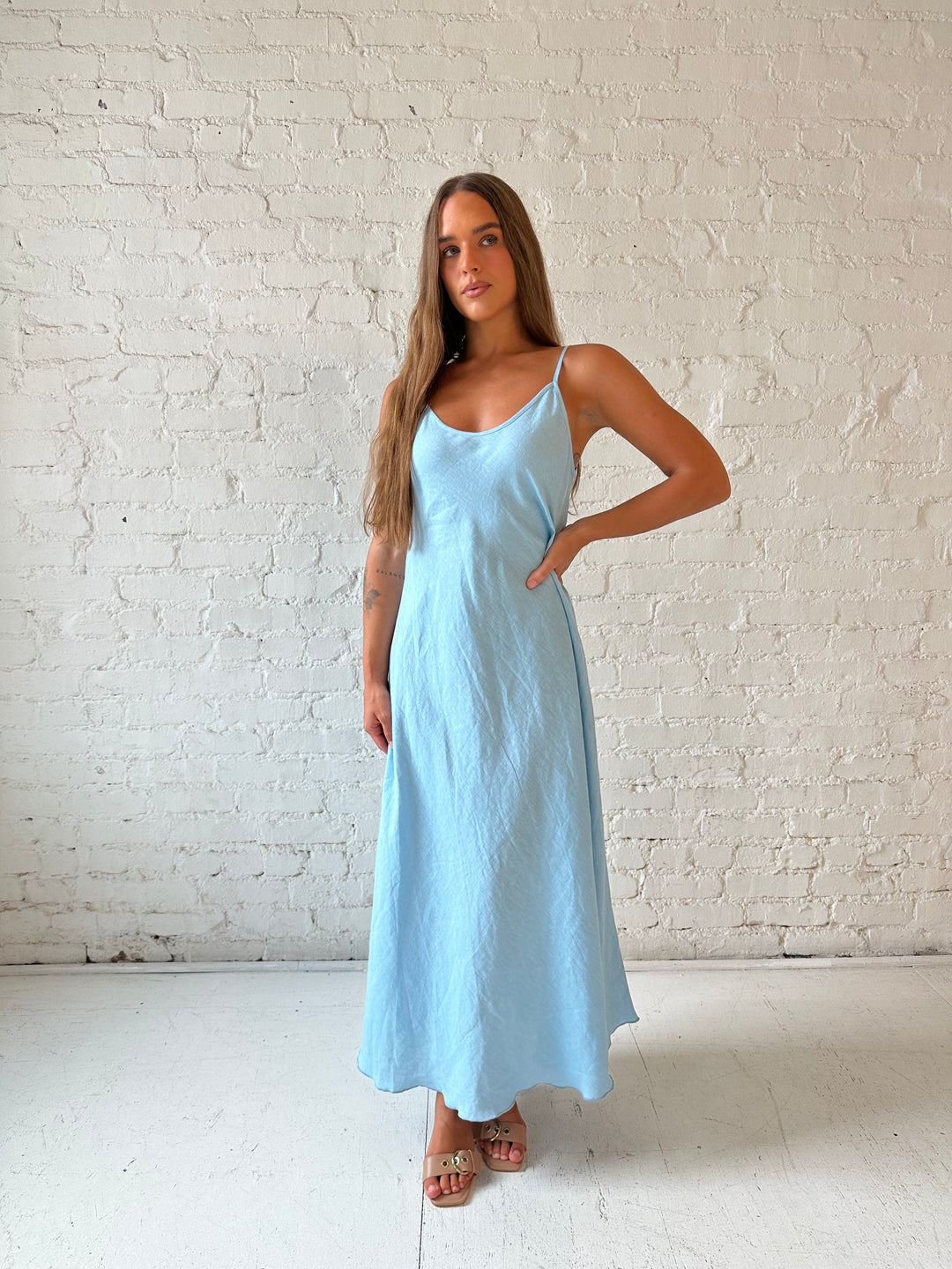 RESTOCKED: Cody Sky Blue Linen Slip Maxi Dress