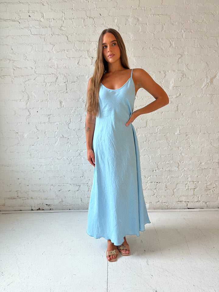 RESTOCKED: Cody Sky Blue Linen Slip Maxi Dress