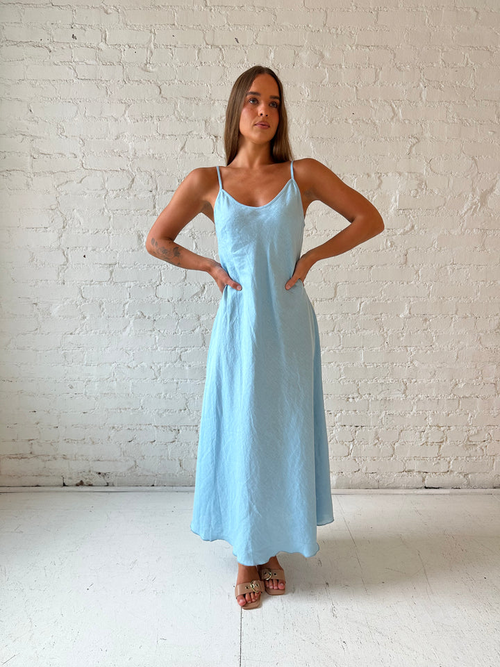 RESTOCKED: Cody Sky Blue Linen Slip Maxi Dress