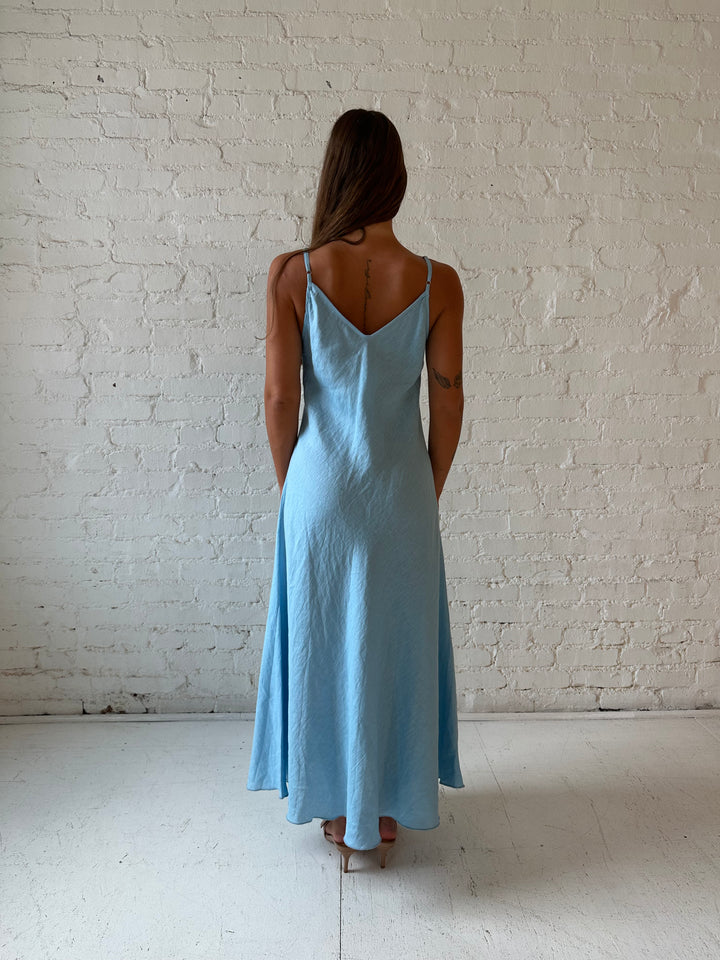 RESTOCKED: Cody Sky Blue Linen Slip Maxi Dress