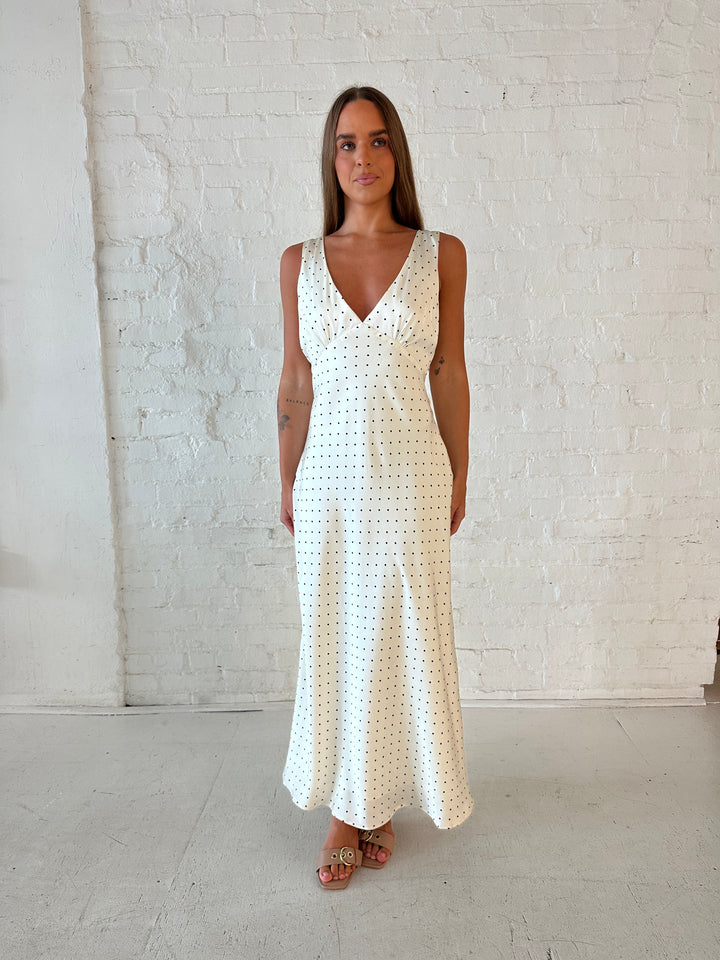 RESTOCKED: Bobbi Cream Polka Dot Open Back Satin Dress