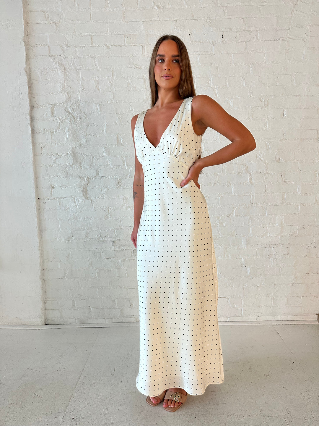 RESTOCKED: Bobbi Cream Polka Dot Open Back Satin Dress