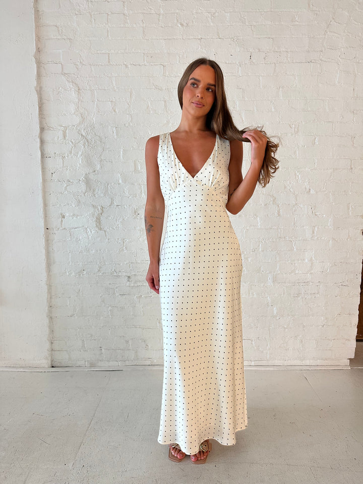 RESTOCKED: Bobbi Cream Polka Dot Open Back Satin Dress