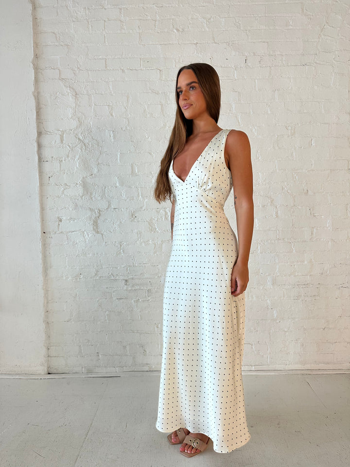 RESTOCKED: Bobbi Cream Polka Dot Open Back Satin Dress