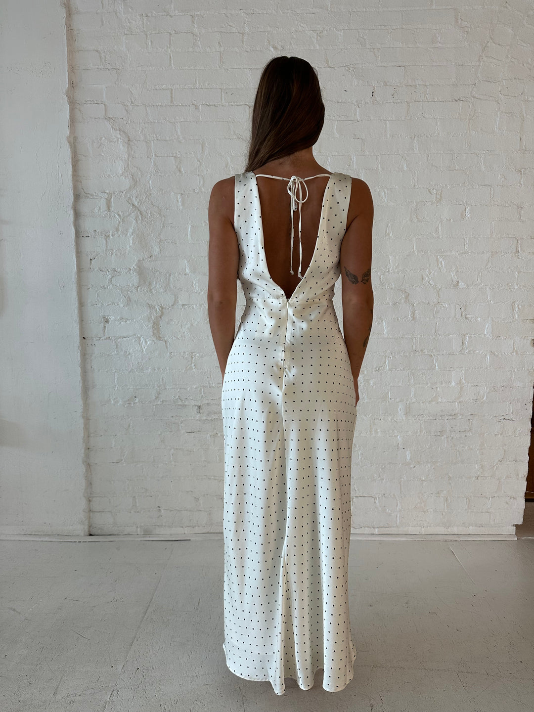 RESTOCKED: Bobbi Cream Polka Dot Open Back Satin Dress