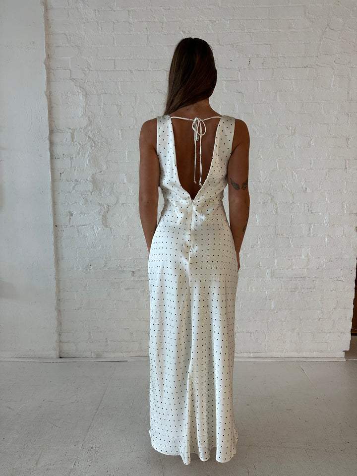 RESTOCKED: Bobbi Cream Polka Dot Open Back Satin Dress