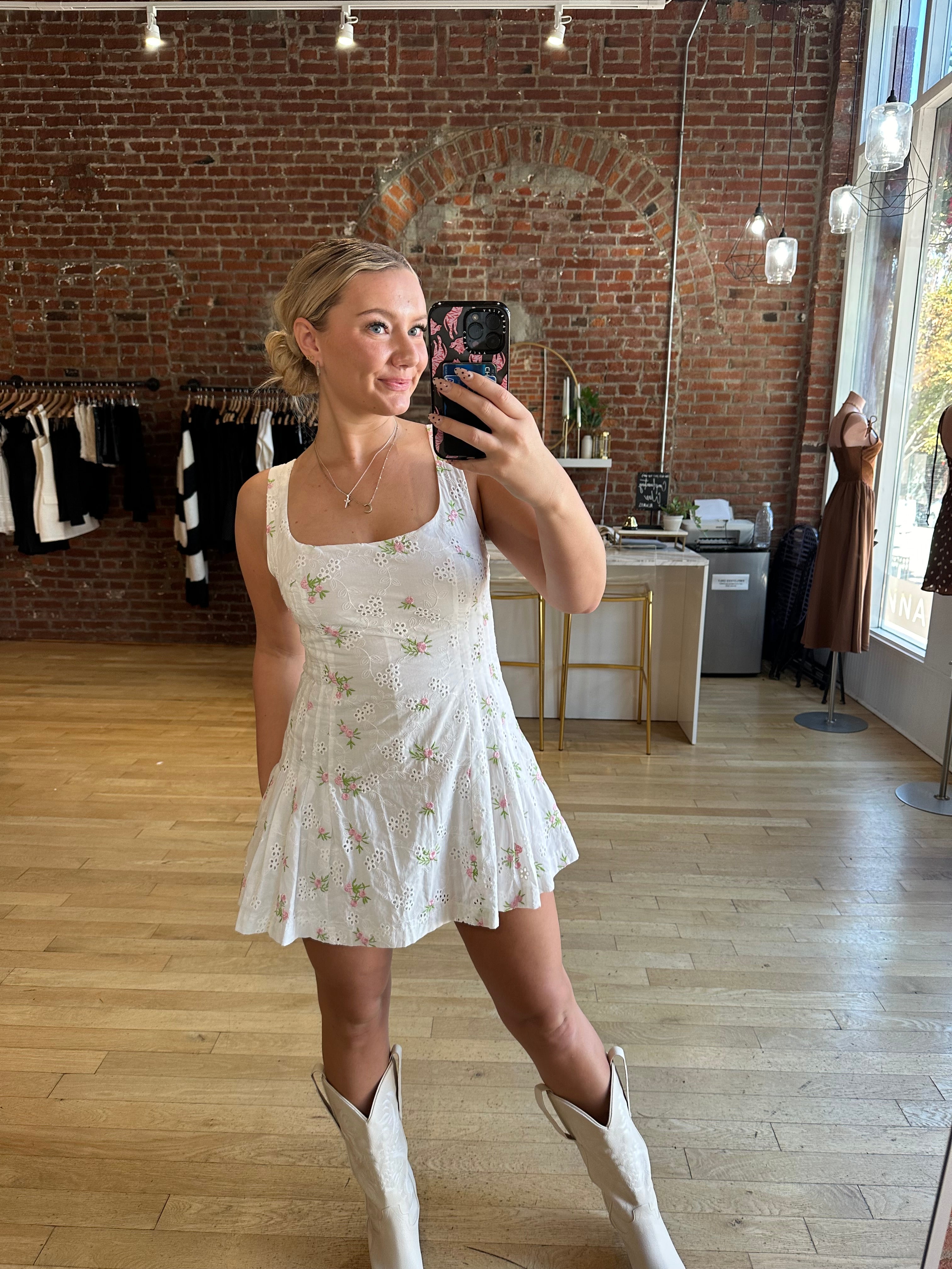 Addie Pink and Green Floral Eyelet Mini Dress