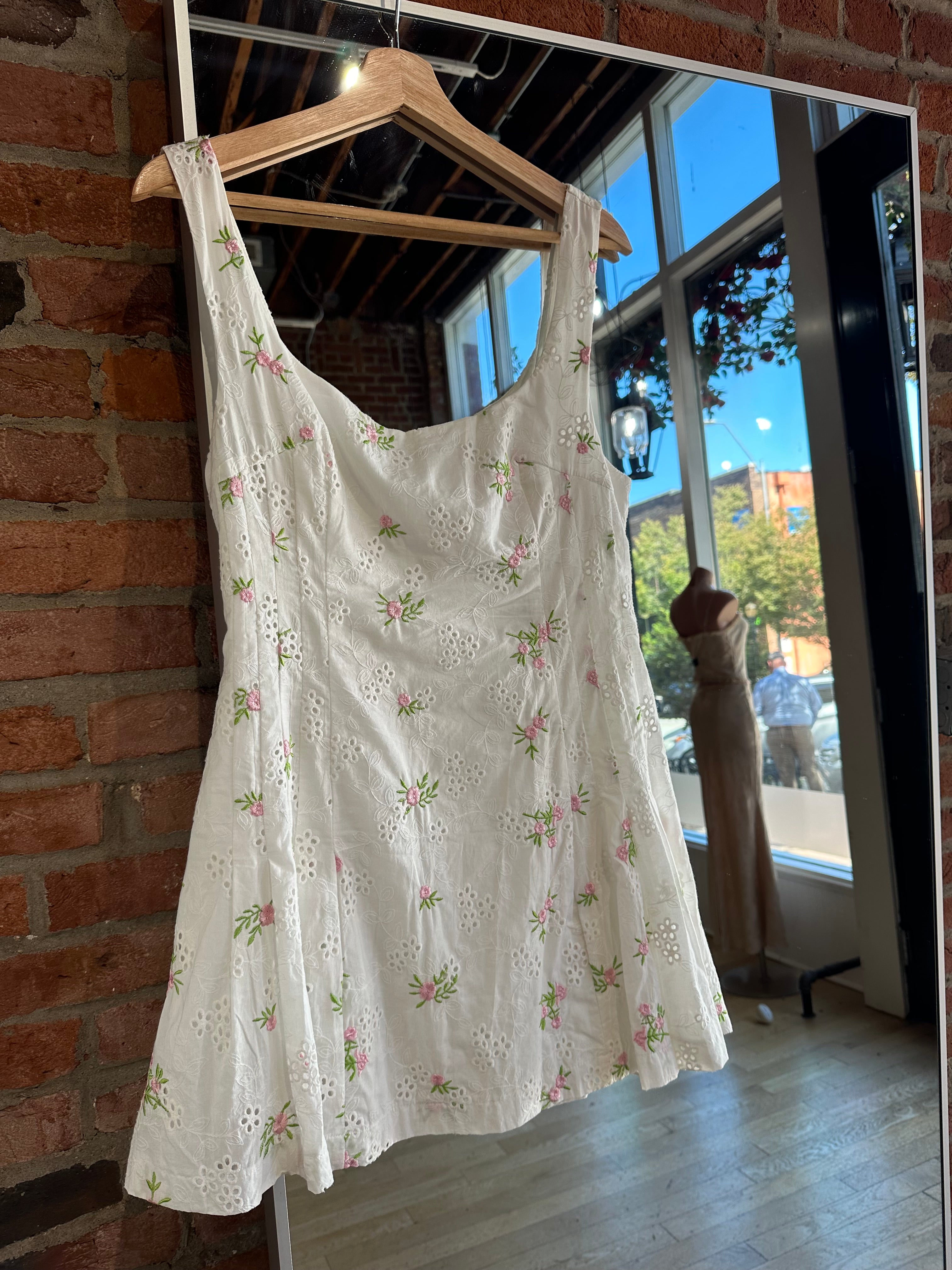 Addie Pink and Green Floral Eyelet Mini Dress