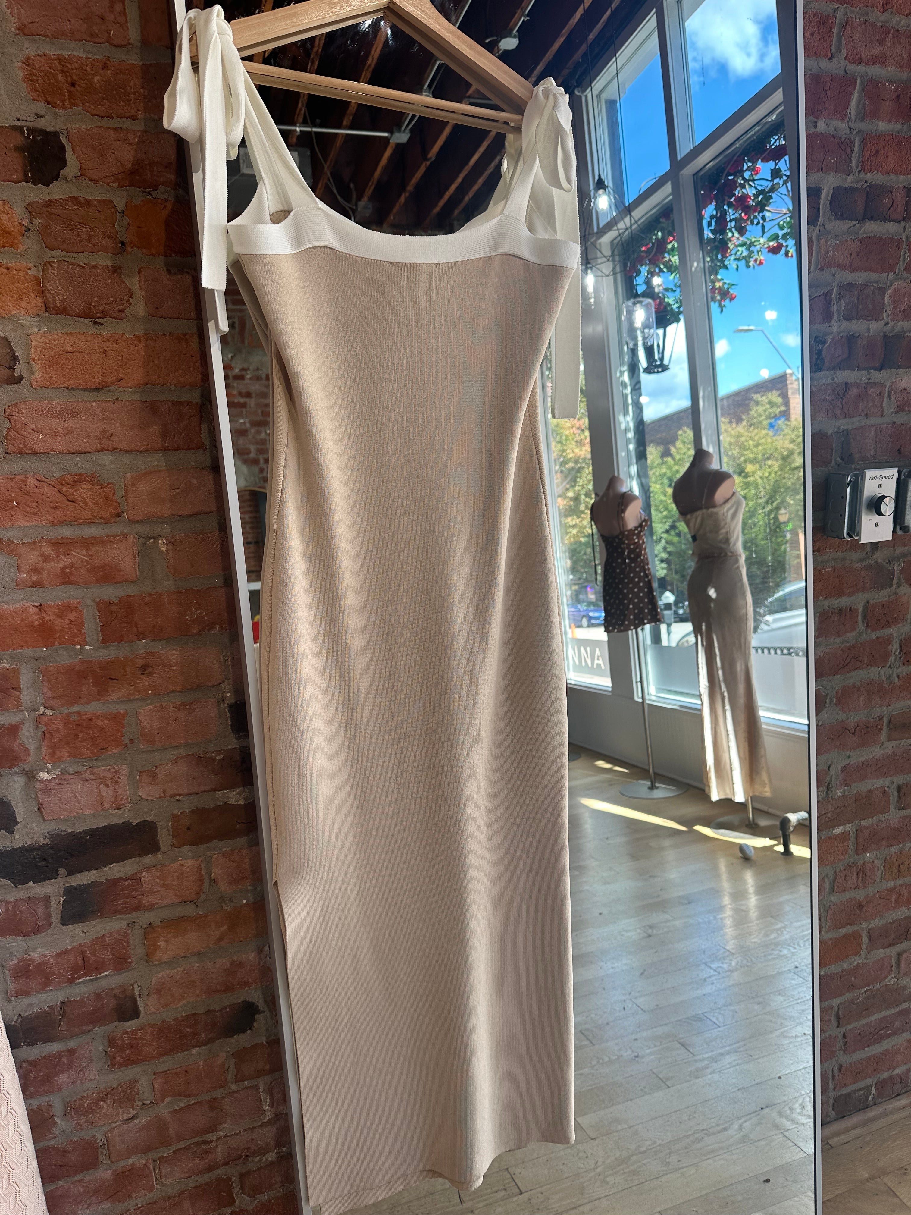 Emily Tan Tie Strap Ribbed Midi Dress