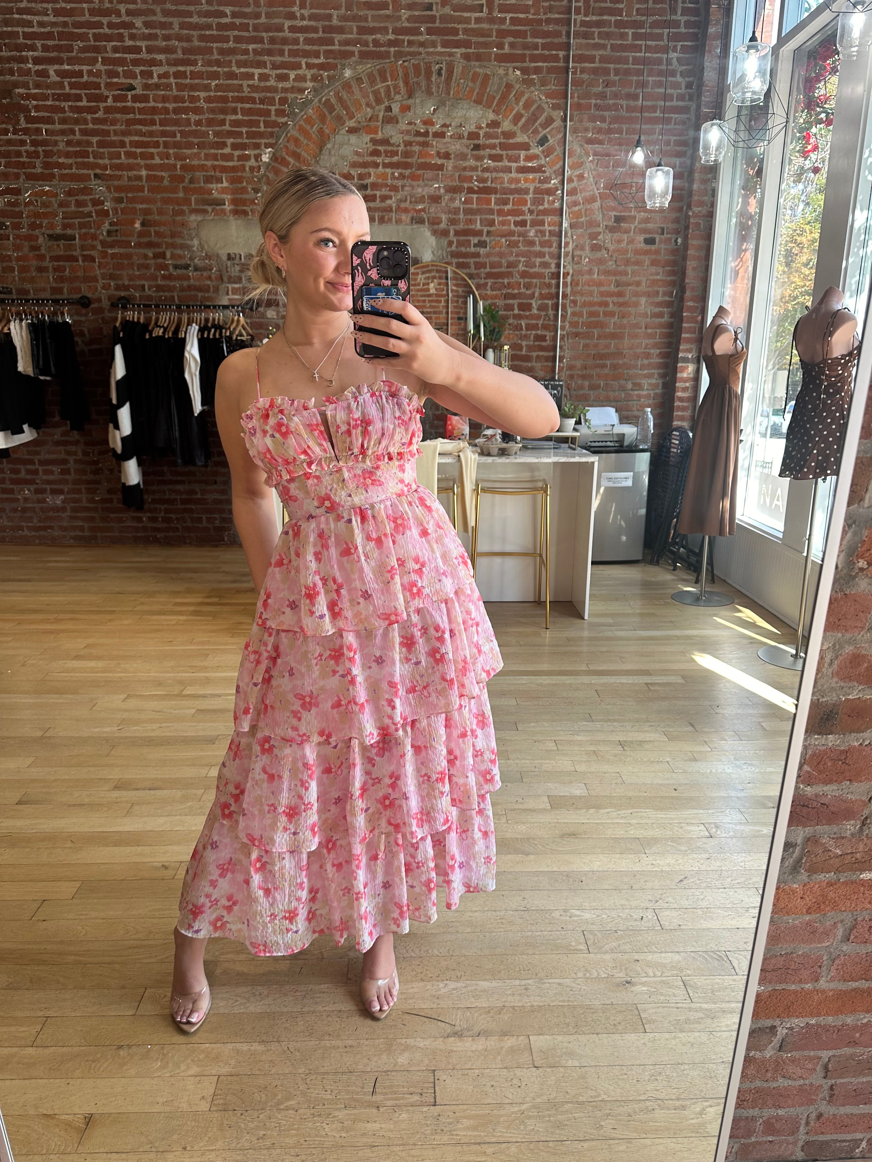 Kristin Pink Floral Tiered Maxi Dress