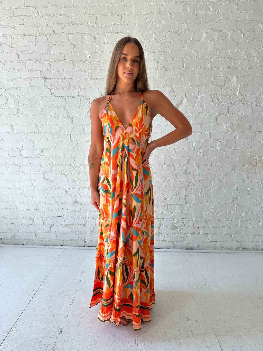 Orange Tropical Print Maxi Dress