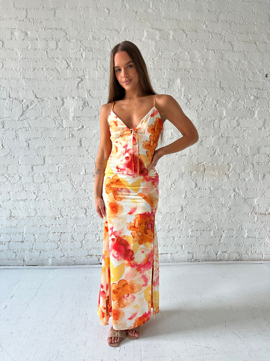 Janie Floral Satin Maxi Dress Small
