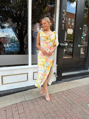 Yellow multicolor floral satin midi dress with self tie straps and cowl neck.