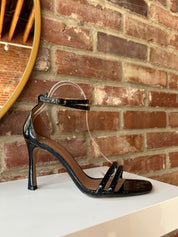 Black patent open toe heel with double front straps and ankle buckle closure