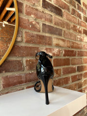 Black patent open toe heel with double front straps and ankle buckle closure