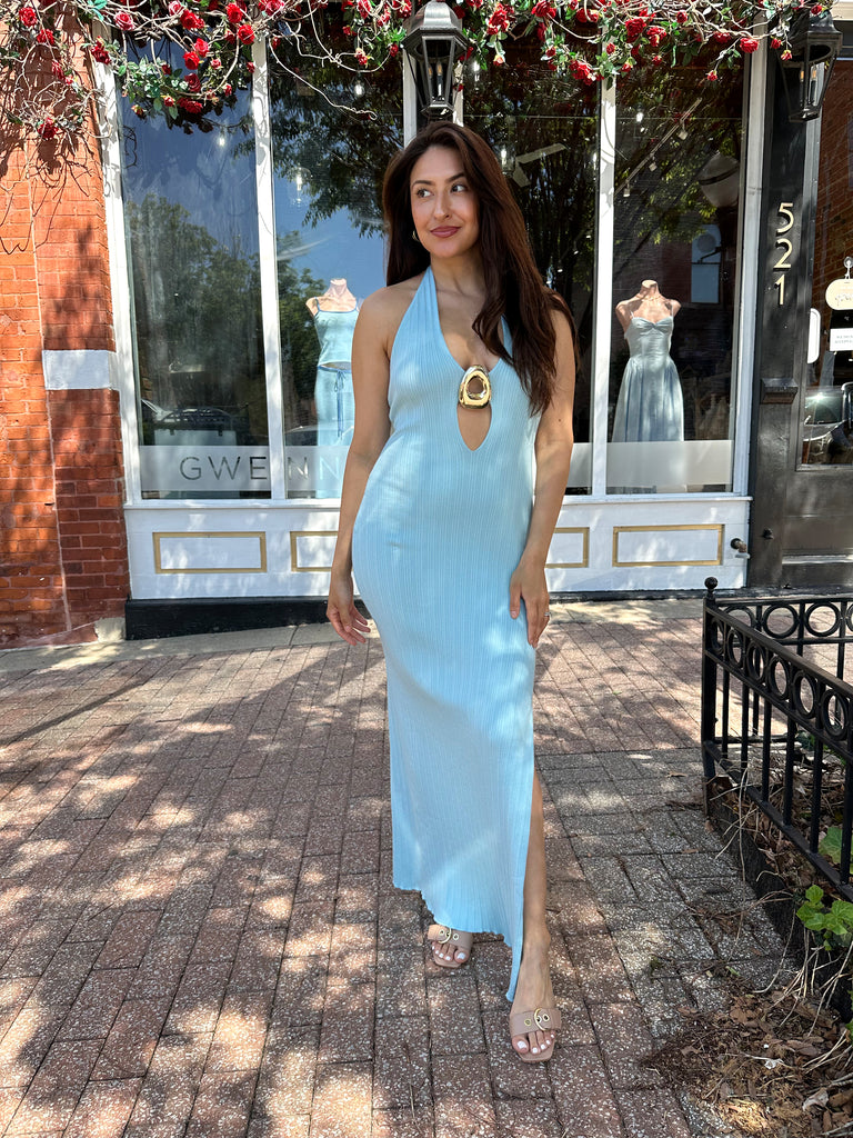 Sky Blue Knit Halter Maxi Dress | Plunging Keyhole Maxi Dress Gwenna The Label Sky Blue Knit Halter Maxi Dress | Plunging Keyhole Maxi Dress Gwenna The Label