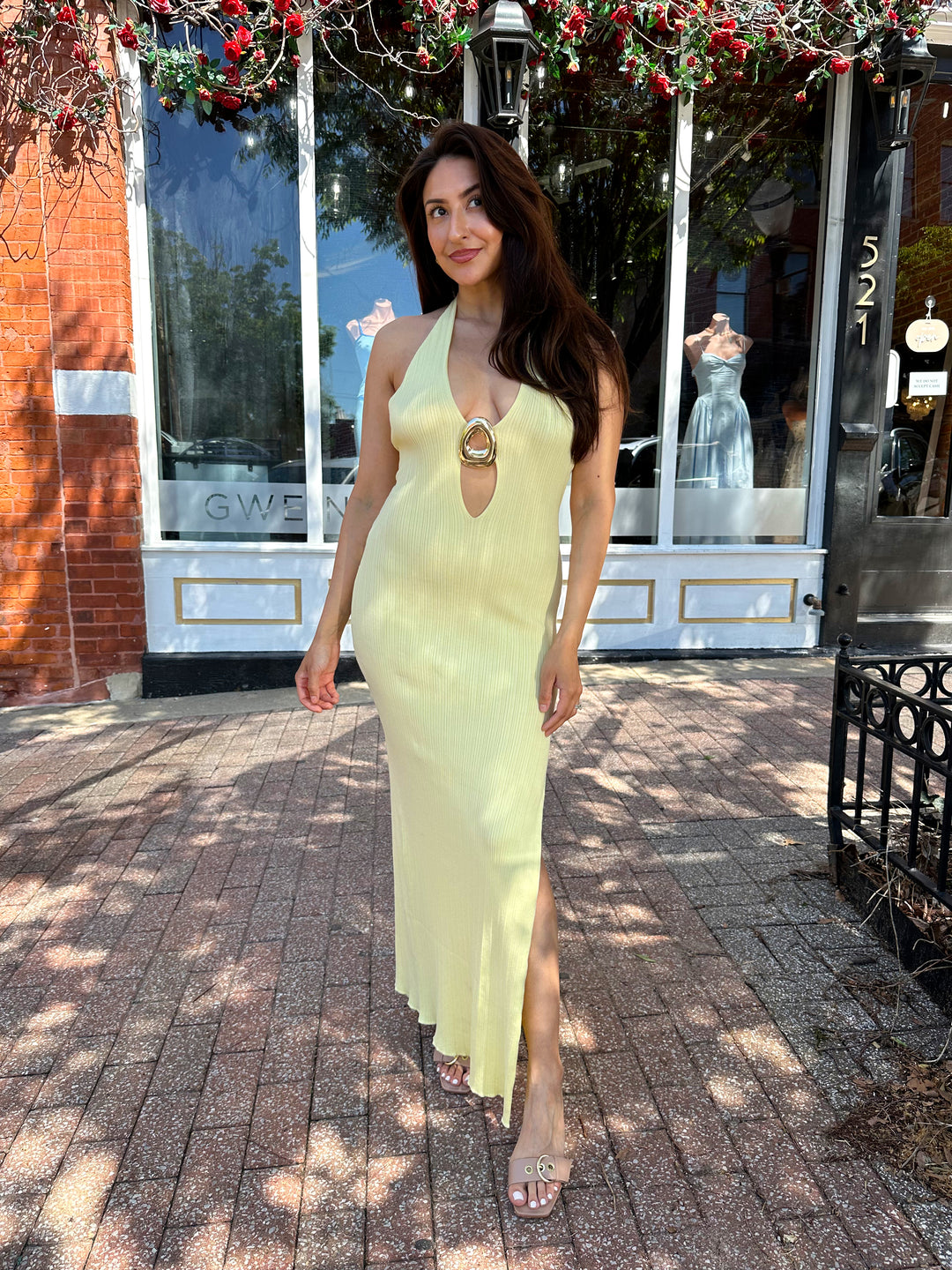 Yellow Knit Halter Maxi Dress | Plunging Keyhole Maxi Dress Gwenna The Label Yellow Knit Halter Maxi Dress | Plunging Keyhole Maxi Dress Gwenna The Label