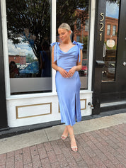 Sky blue satin midi dress with self tie straps and cowl neckline. 