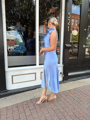 Sky blue satin midi dress with self tie straps and cowl neckline. 