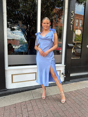 Sky blue satin midi dress with self tie straps and cowl neckline. 