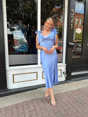 Sky blue satin midi dress with self tie straps and cowl neckline. 