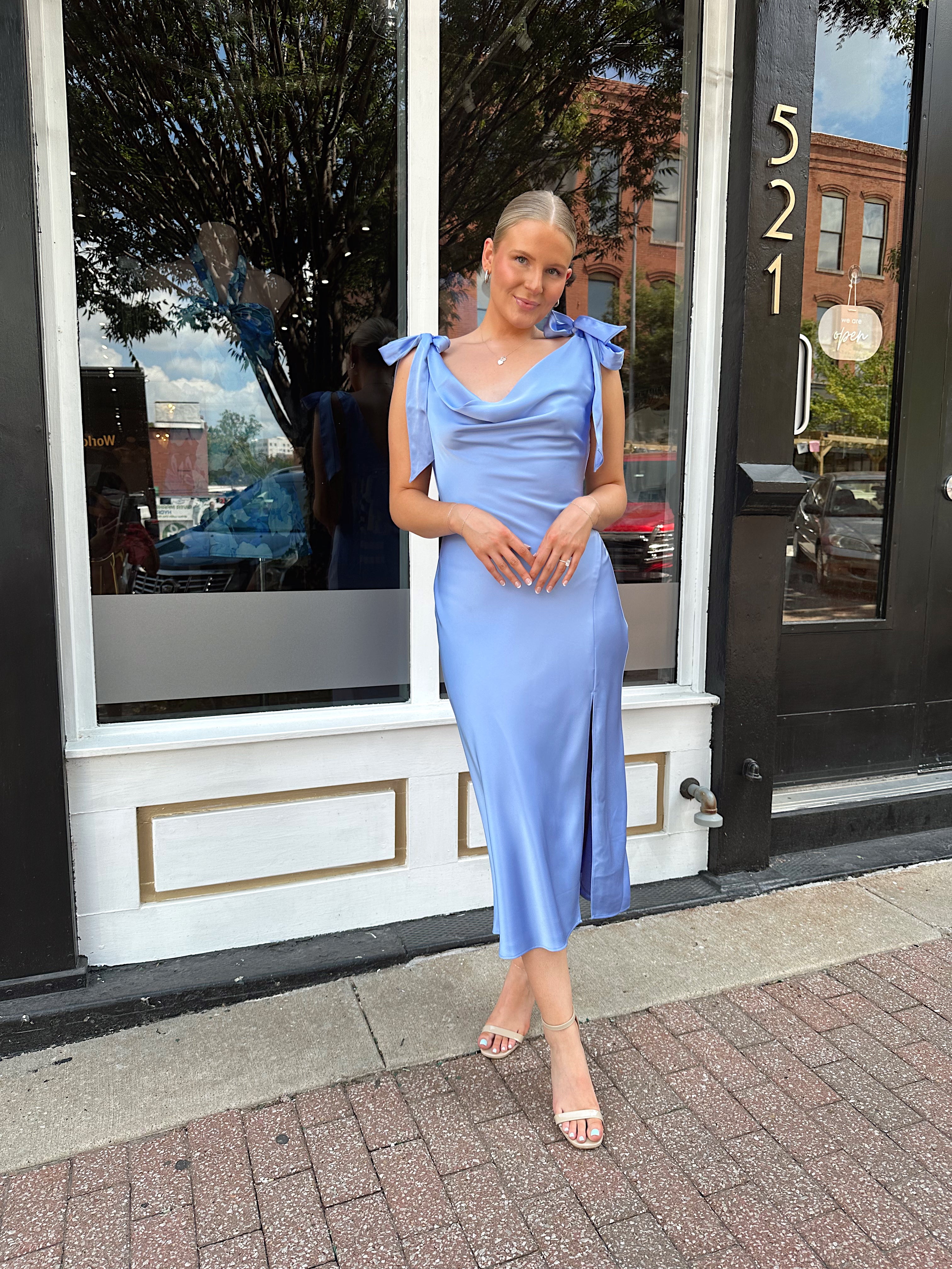 Sky blue satin midi dress with self tie straps and cowl neckline. 