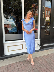 Sky blue satin midi dress with self tie straps and cowl neckline. 