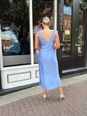 Sky blue satin midi dress with self tie straps and cowl neckline. 