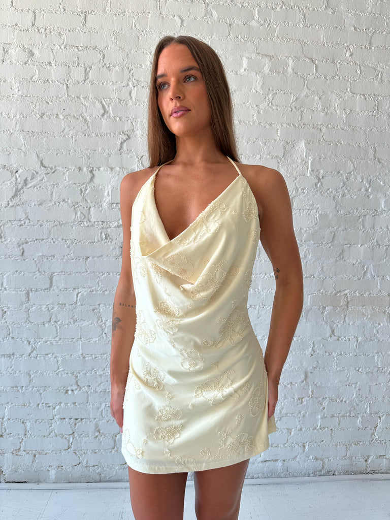 Yellow Embellished Satin Mini Dress