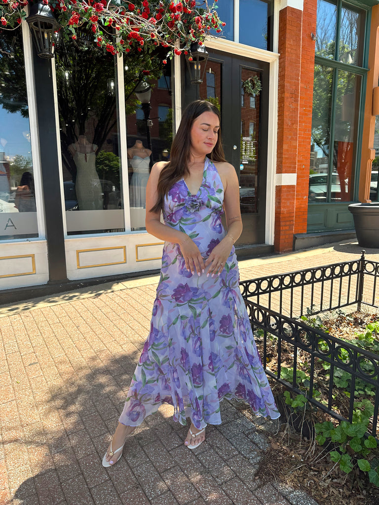Kelsey Purple Floral Halter Maxi Dress