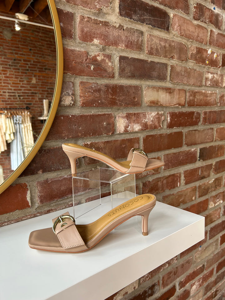 Open toed tan kitten heel with buckle detail.