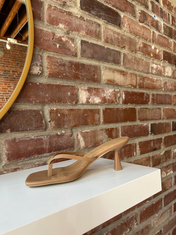 Tan flip flop kitten heel with square toe. 