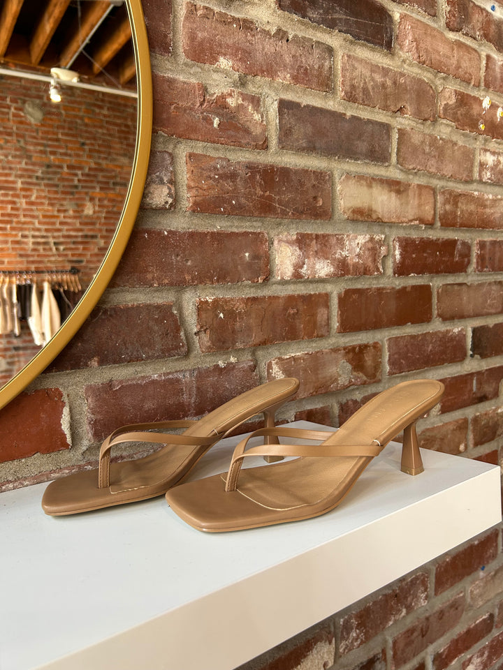 Tan flip flop kitten heel with square toe. 