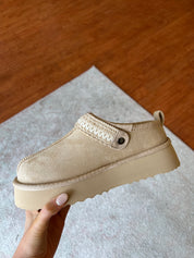 Tan Suede Slip On Clogs.