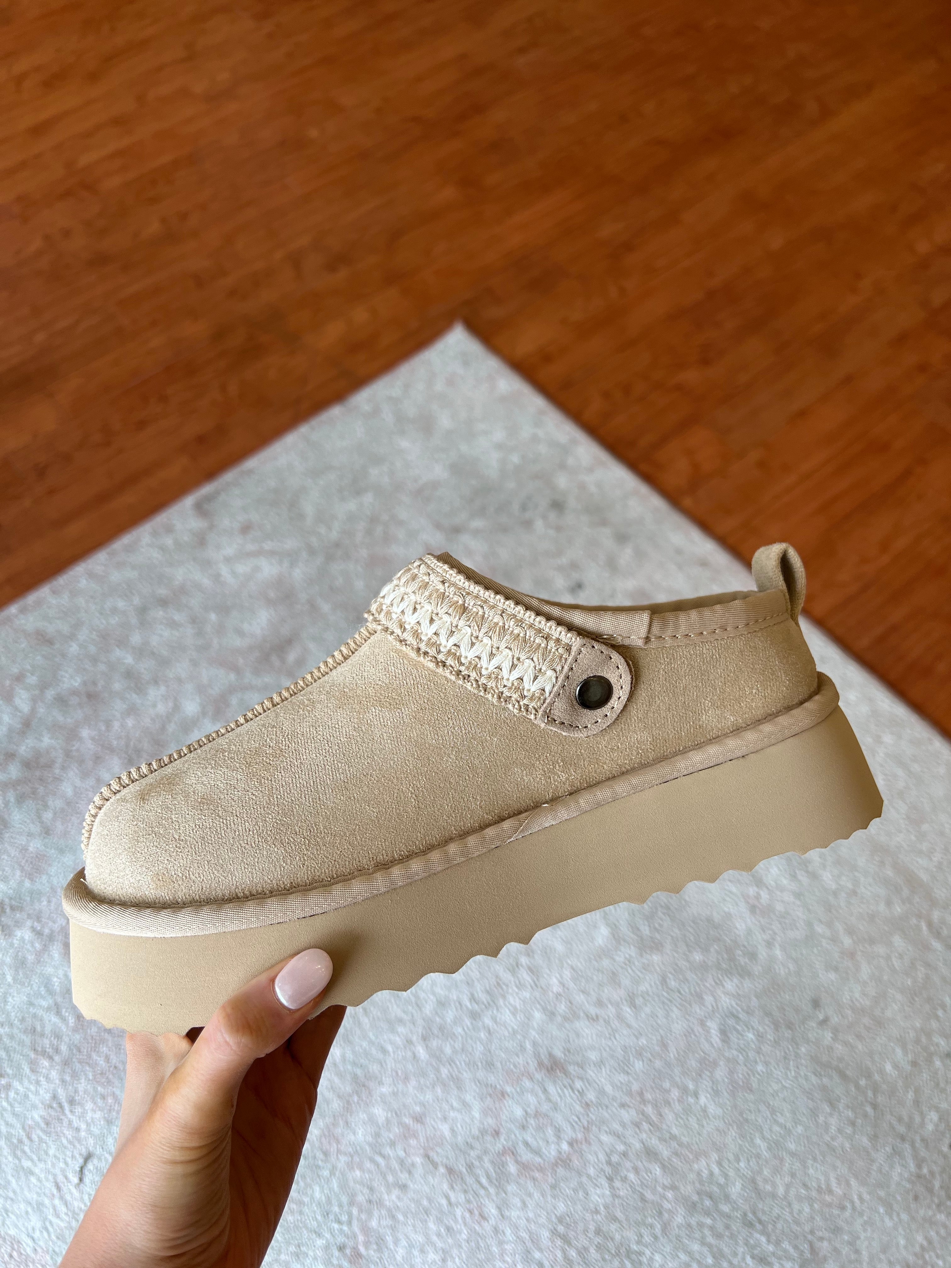 Tan Suede Slip On Clogs.
