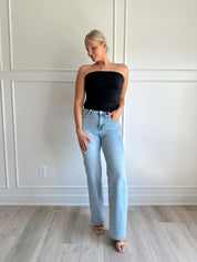 Black tube top with ruched sides.