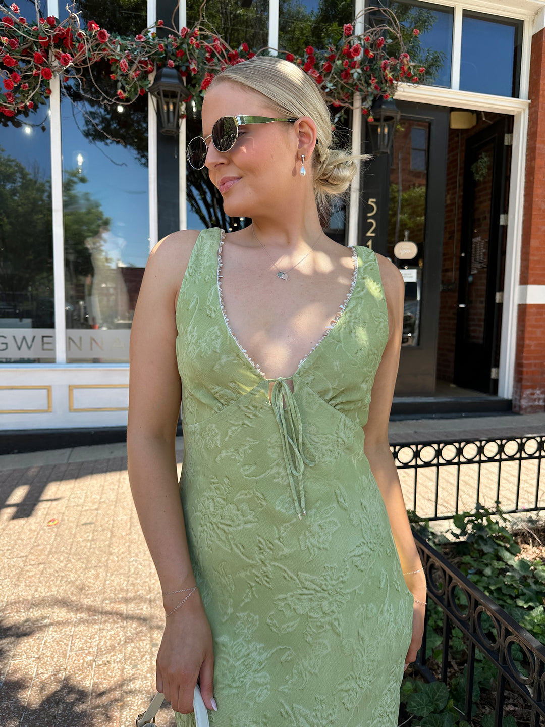 Olive Green Floral Midi Dress