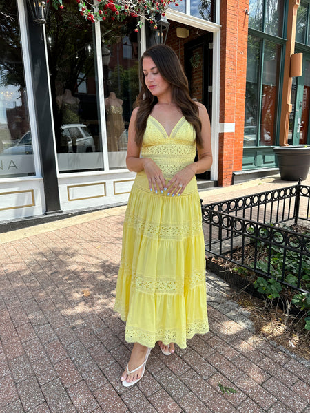 gold tiered maxi dress Yellow Tiered Eyelet Maxi Dress